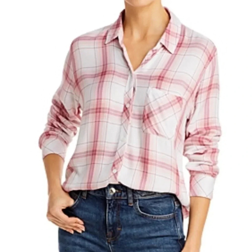 RAILS Hunter Blush White Petal Button Down Plaid Shirt Sz XS Pocket Long Sleeve